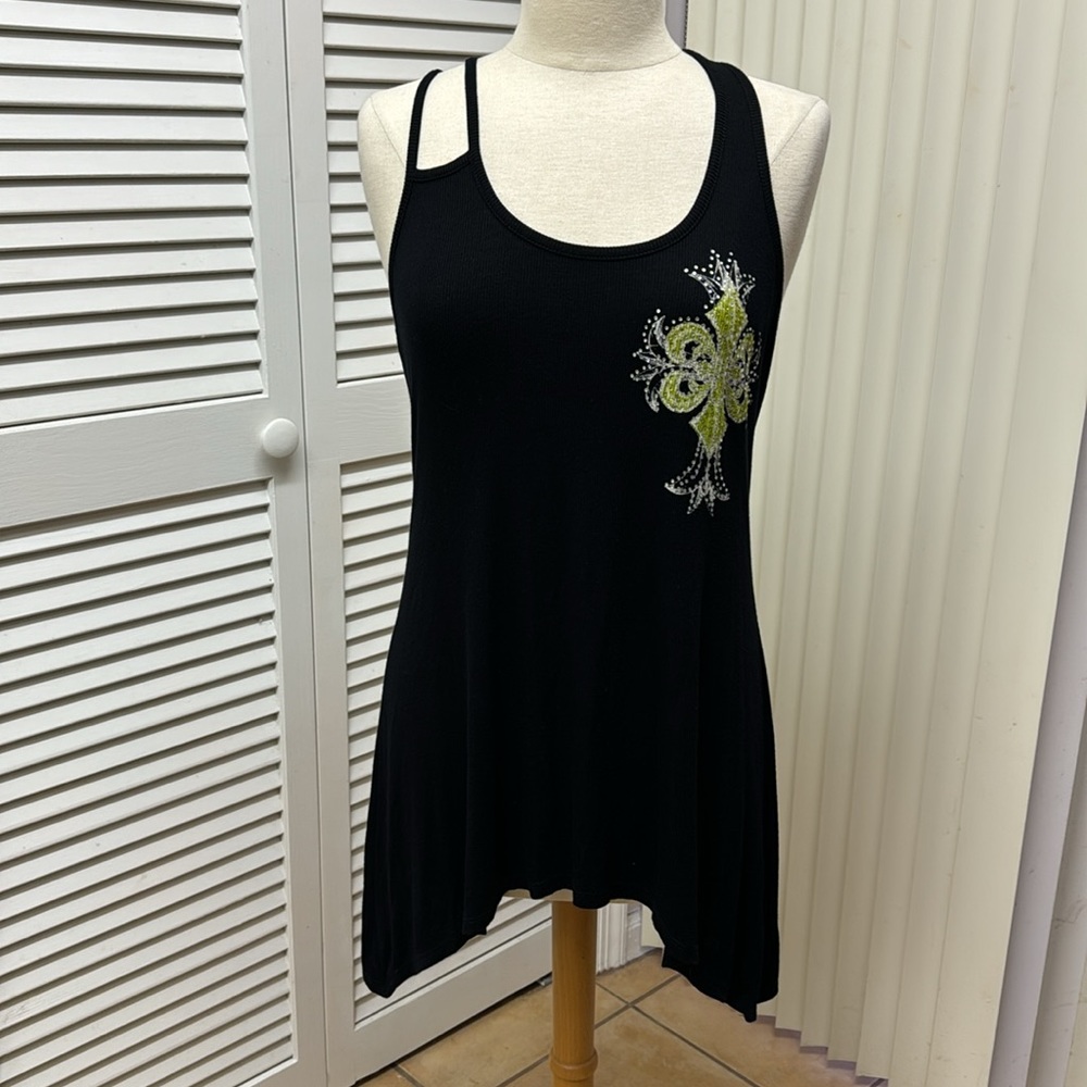 S-Twelve Rhinestone Lime Green Black Tank Top Size L
